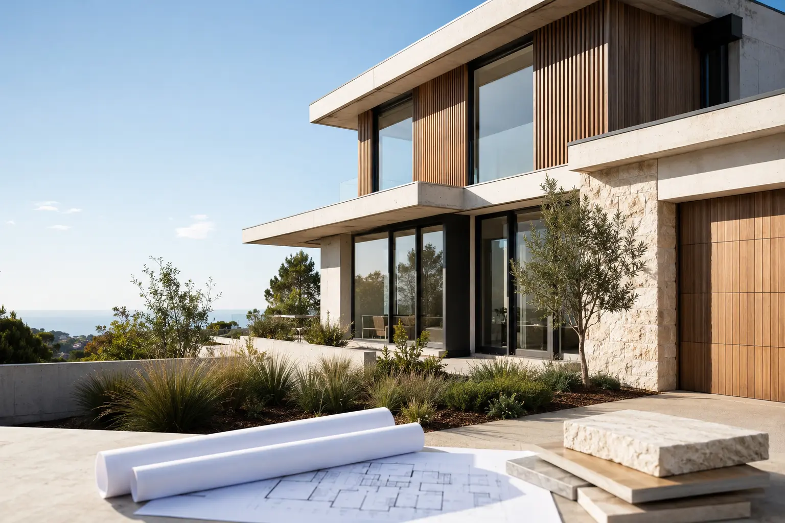Contemporary Australian home with construction plans and material samples